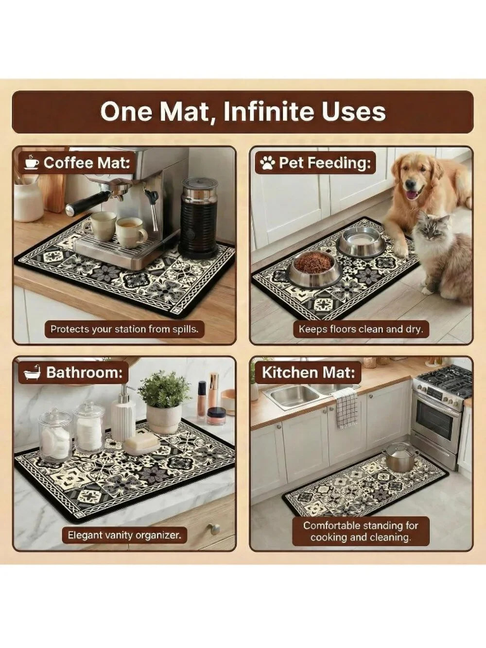 Coffee Bar Mat for Countertop 12 x 19 in Black and White Tile Print